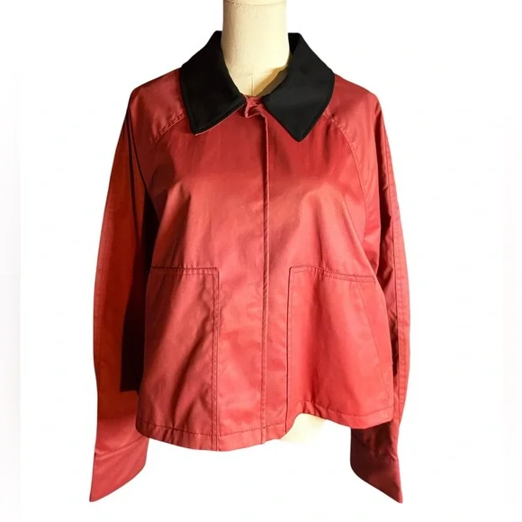 ZARA NWT Waxed Red Barn Jacket With Contrasting Black Collar in Sz XL - Picture 5 of 11